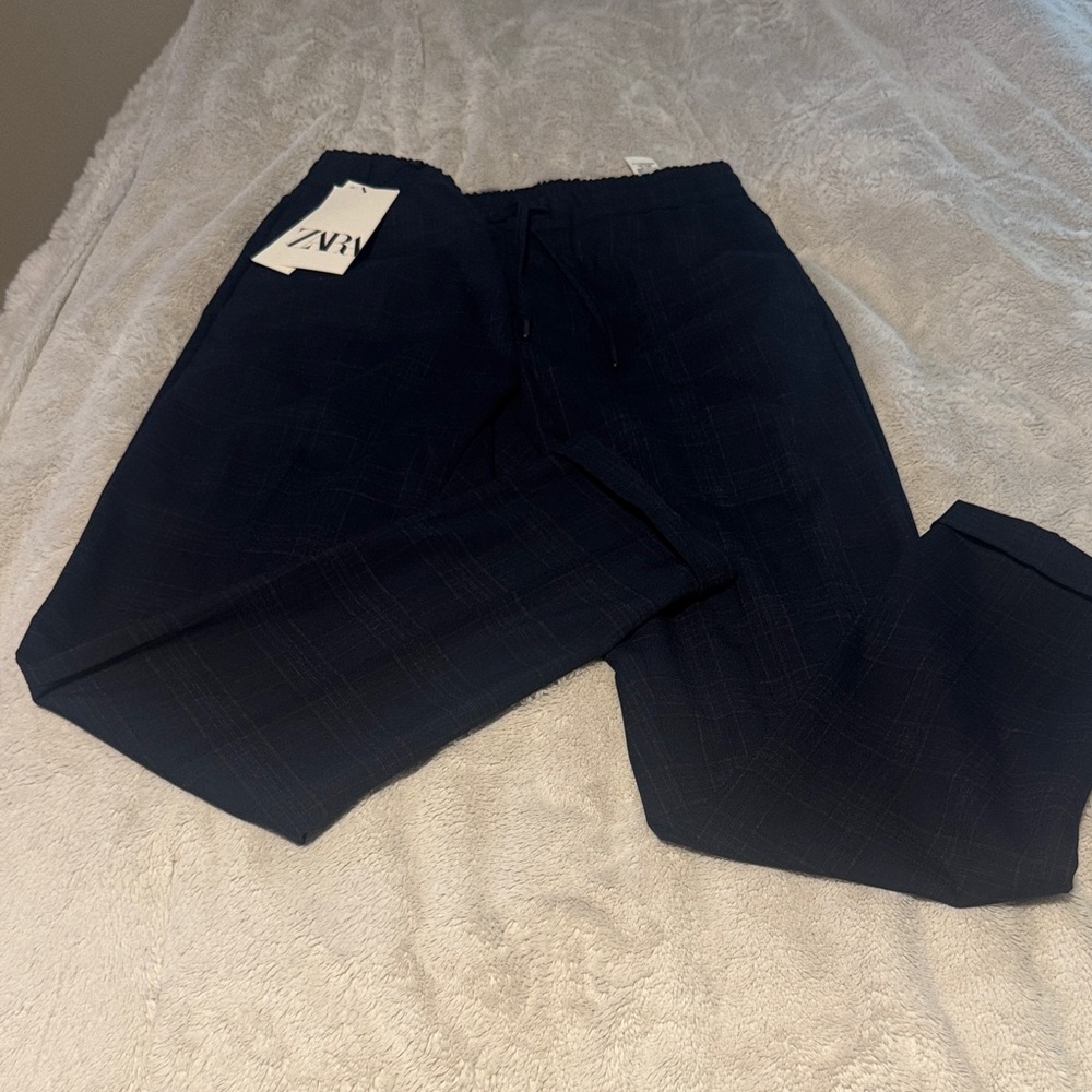 Zara Men’s Dark Navy Plaid Drawstring Trousers